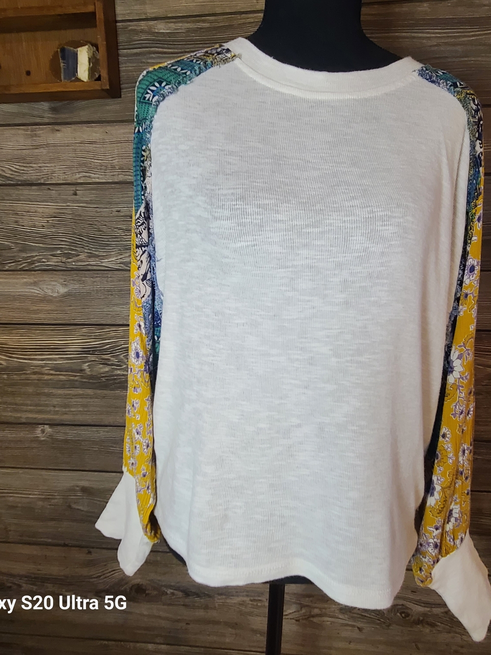 Umgee White Raglan Top with Yellow & Blue Patterned Sleeves